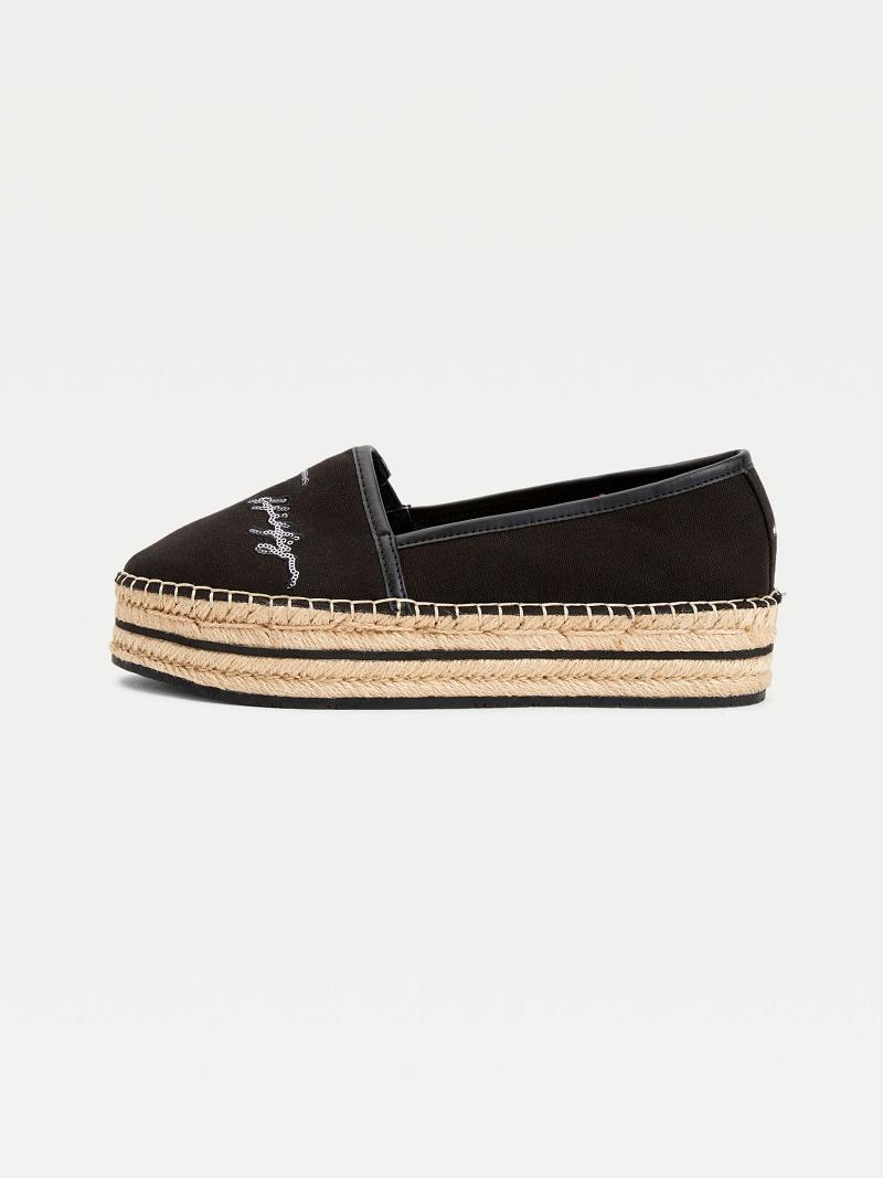 Női Tommy Hilfiger Sequin Signature Espadrille Alkalmi Cipő Fekete | HU 596GSO